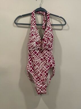 Jantzen Raspberry and White Geometric Halter One-Piece